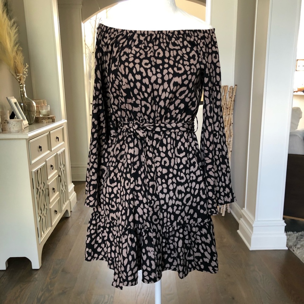 Vici Black and Tan Animal Print, Bell Sleeve Dress